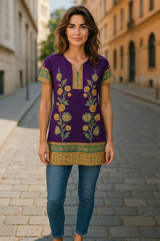 Indian Style Printed Kurtis for Women Short Crepe Kurti V-Neck, Short Sleeves Tunic Top Blouse. 3002-SS