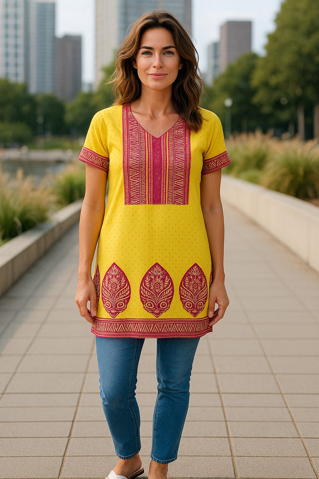 Indian Style Printed Kurtis for Women Short Crepe Kurti V-Neck, Short Sleeves Tunic Top Blouse. 3004-SS