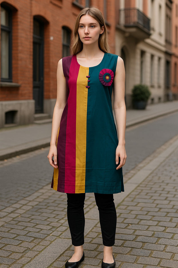 Multi Color Vertical Strips Round Neck Sleevesless Tunic with Multi Color circle button Design kurti.