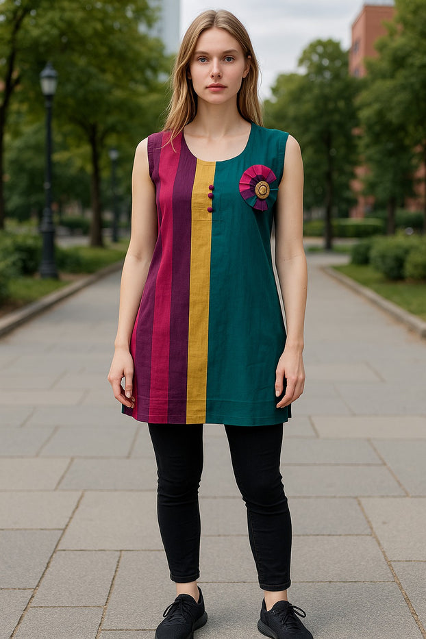 Multi Color Vertical Strips Round Neck Sleevesless Tunic with Multi Color circle button Design kurti.