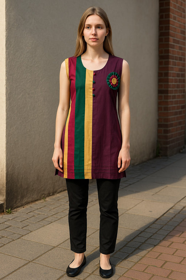 Multi Color Vertical Strips Round Neck Sleevesless Tunic with Multi Color circle button Design kurti.