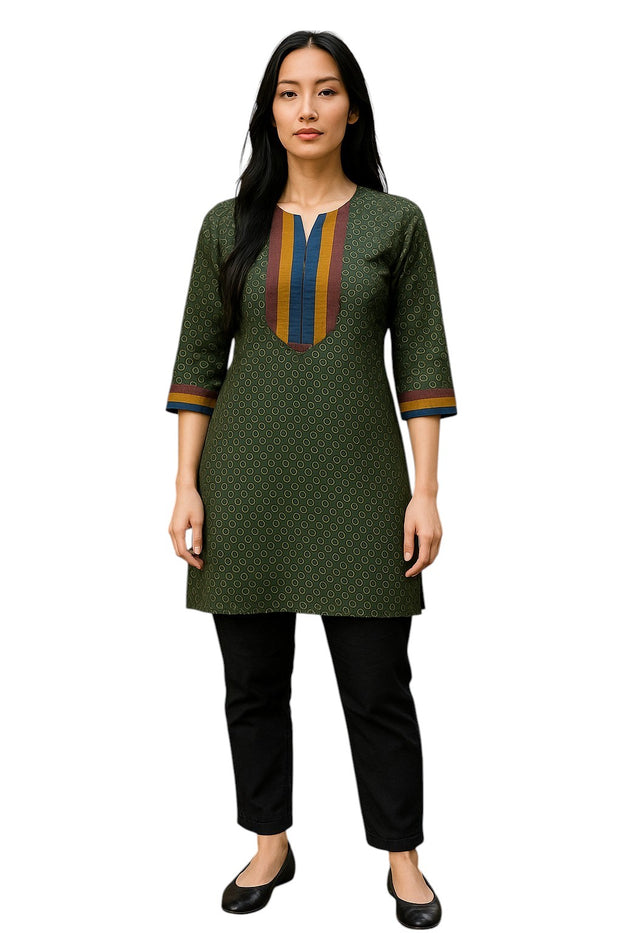 100% Cotton Circle Pattern with Vertical Stripes Round Neck, 3/4 Sleeves, Knee Length Tunic, Tops.