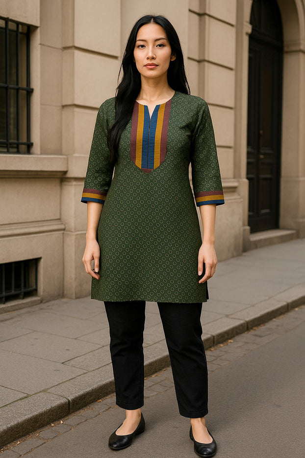 100% Cotton Circle Pattern with Vertical Stripes Round Neck, 3/4 Sleeves, Knee Length Tunic, Tops.