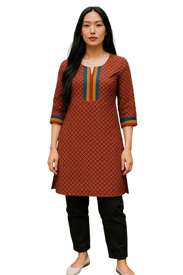 100% Cotton Circle Pattern with Vertical Stripes Round Neck, 3/4 Sleeves, Knee Length Tunic, Tops.