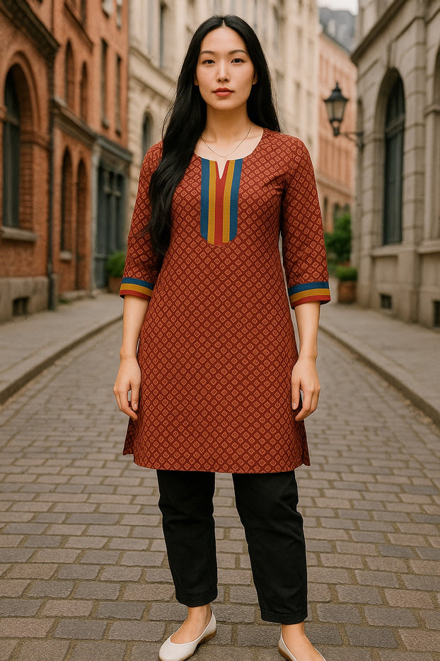 100% Cotton Circle Pattern with Vertical Stripes Round Neck, 3/4 Sleeves, Knee Length Tunic, Tops.