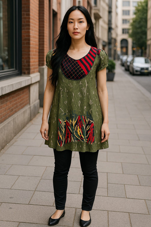 100% Cotton Two tone Stripes with Black diamond Pattern Round Neck Curved yoke, Short-sleeves Ballon Tunic, Tops.