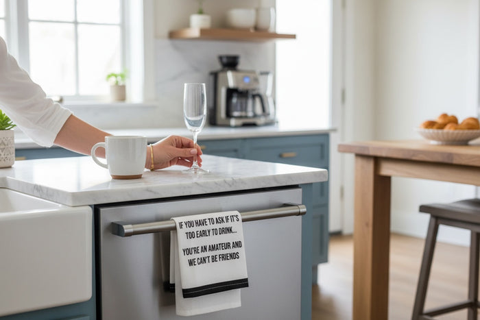 Set of 2, 100% Cotton White Printed Flour Sack Kitchen Towels. IF You Have to Ask IF It's Too Early to Drink... You're an Amateur, and WE Can't BE Friends. - Size: 15 X 25 inches.