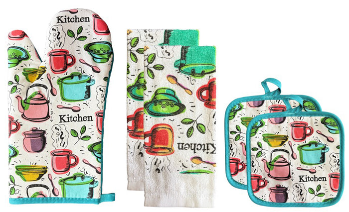 100% Cotton Printed Kitchen Linen Set of 5, Includes 2 Kitchen Towels, 2 Potholder, 1 Oven mitt Kitchen Décor for Cooking, Baking, Barbecue