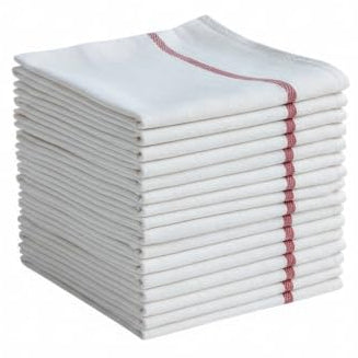 18-Pack Herringbone weave for better absorption, Steak-free restaurant-standard Cotton Flour Sack Kitchen Towels with Red Stripe, Super Absorbent, Lint-Free, Reusable kitchen towels - 15” x 25”.