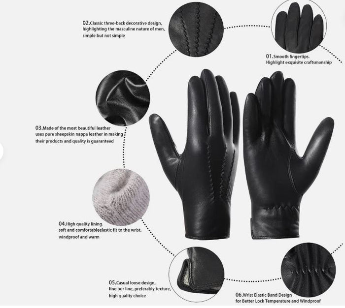 Men's Leather Driving Gloves with touch Screen 100% Real Leather with Lining: 100% Cashmere wool Warm Winter Gloves
