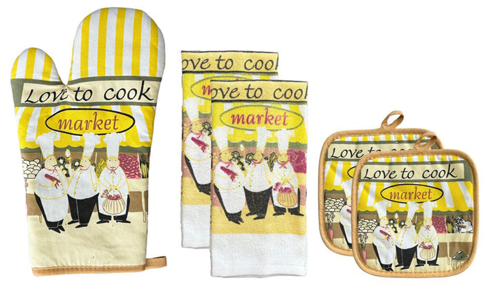 100% Cotton Printed Kitchen Linen Set of 5, Includes 2 Kitchen Towels, 2 Potholder, 1 Oven mitt Kitchen Décor for Cooking, Baking, Barbecue