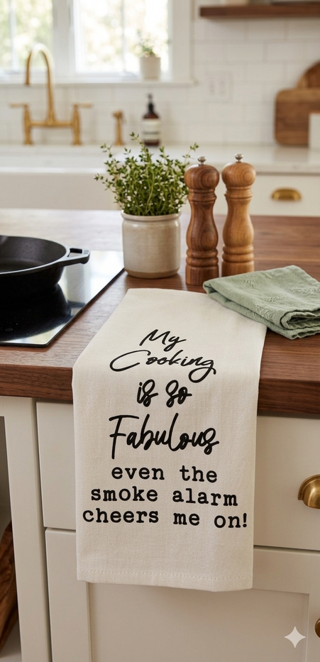 Set of 2, 100% Cotton White Printed Flour Sack Kitchen Towels My Cooking is Fabulous Even the Smoke Alarm Cheers me on! - Size: 15 X 25 inches.
