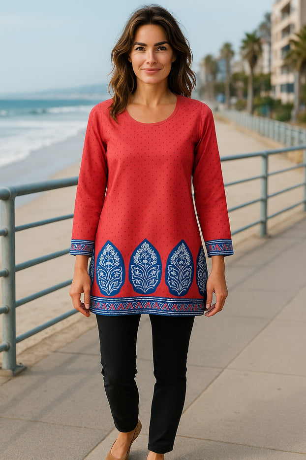 Tunic for Women Printed Short Crape Kurti Kurta Round Neck Long Sleeves Tunic Top. 3005-L