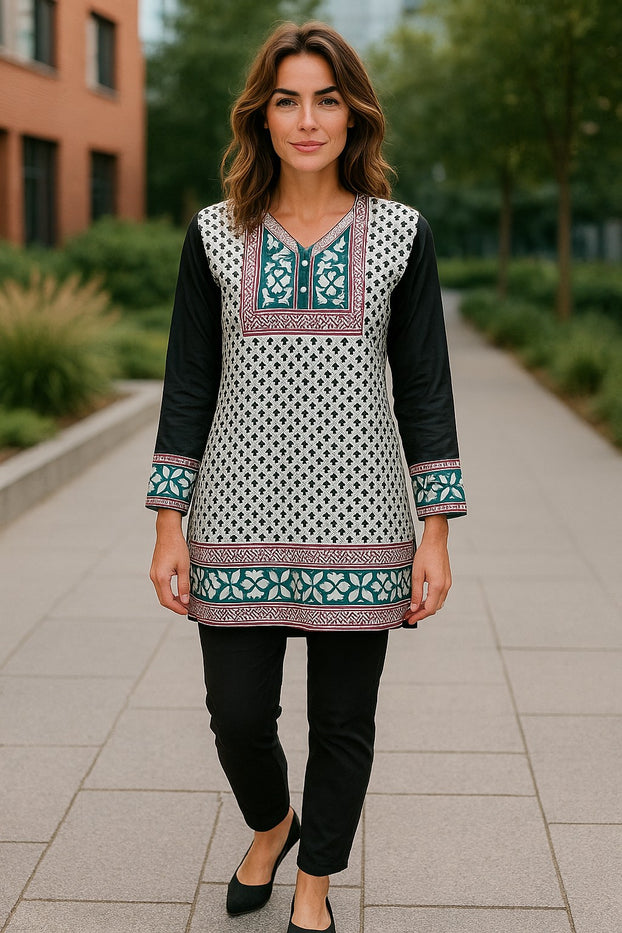 Tunic for Women Printed Short Crape Kurti Kurta V-Neck 3/4 Sleeves Tunic Top. 1907-L