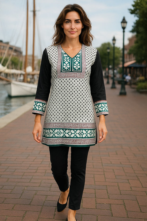 Tunic for Women Printed Short Crape Kurti Kurta V-Neck 3/4 Sleeves Tunic Top. 1907-L