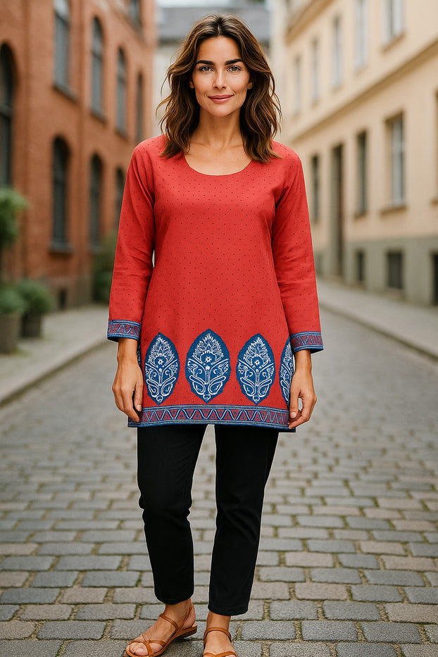 Tunic for Women Printed Short Crape Kurti Kurta Round Neck Long Sleeves Tunic Top. 3005-L