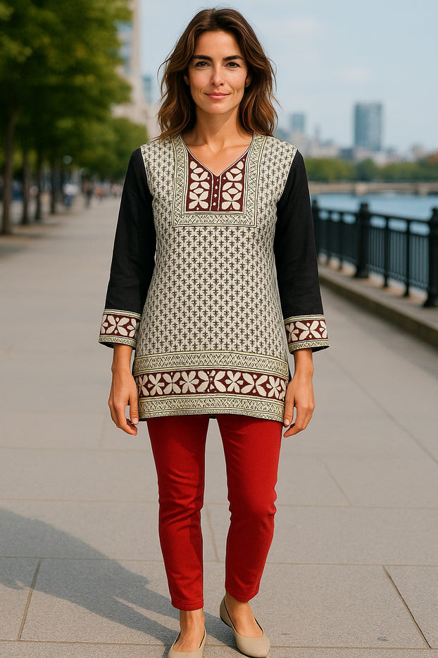Women’s Printed ¾ Sleeves Crepe Kurti Tunic tops with Gold Foil - 1907-34