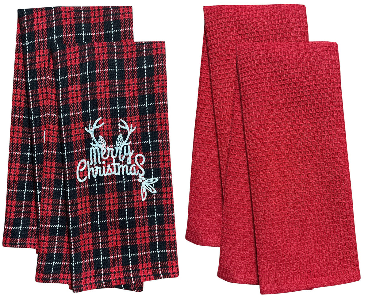 Set of 4, Red and Black Buffalo Plaid Quote Merry Christmas, 100% Cotton Herringbone Pattern and Red Waffle Weave Kitchen Towel / Tea Towels Soft and Absorbent Size: 16” x 28".