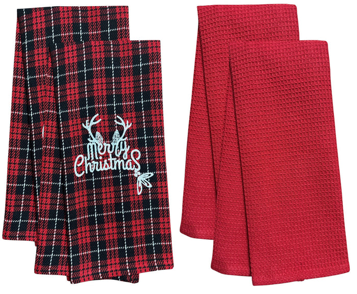 Set of 4, Red and Black Buffalo Plaid Quote Merry Christmas, 100% Cotton Herringbone Pattern and Red Waffle Weave Kitchen Towel / Tea Towels Soft and Absorbent Size: 16” x 28".