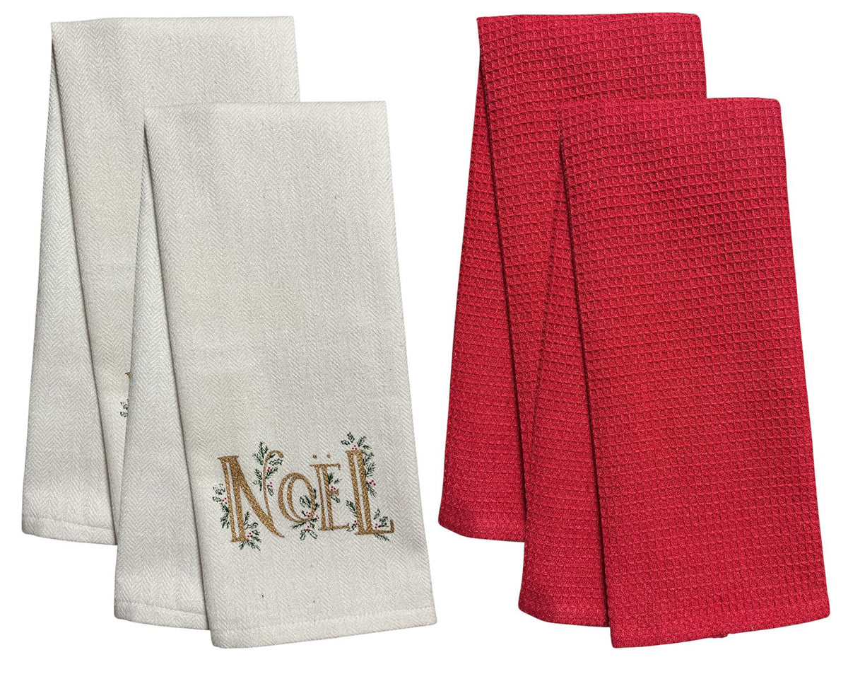Set of 4, 100% Cotton White Herringbone Pattern Kitchen Towel with Noel and Red Waffle Weave Kitchen Towel / Tea Towels Soft and Absorbent Size: 16” x 28".