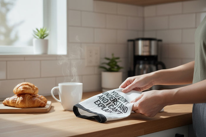 Set of 2, 100% Cotton White Printed Flour Sack Kitchen Towels. You Don't Understand and I Can't Explain. - Size: 15 X 25 inches.