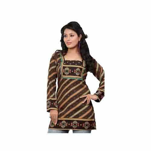 Women’s Printed Long Sleeves Crepe Kurti Tunic tops with Gold Foil - 1009-L