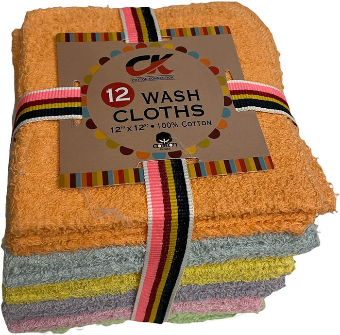 12 Pack, 100% Cotton wash Cloth, Extra Soft, Highly Absorbent, Machine Washable Size 12" X 12", Assorted Colors - Color May Very.