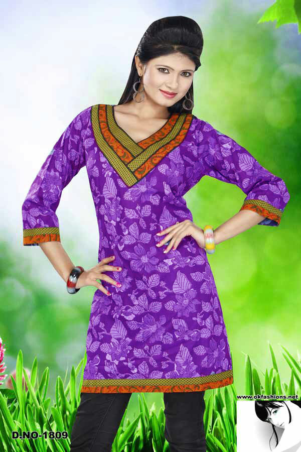 100% Cotton V-Neck Floral Patchwork Olive and Rust Necklace Design Piping Long Kurti Kurta 3/4 Sleeves Tunic Top.