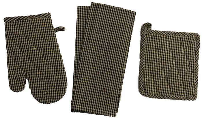 Set of 4, 100% Cotton Farmhouse Country Kitchen Linen Set, Included 2 Kitchen Towel, Ovenmitt, Potholder - Black.