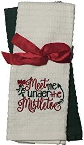 2 Pcs, Meet me Under The Mistletoe Embordary on Beige and Plain Green 100% Cotton Waffle Weaves Christmas Holiday Kitchen Towels Size: 16 x 26 Inch.