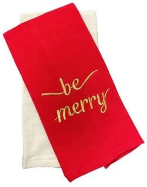 Set of 4, 100% Cotton Be Merry and Christmas Tree Design Holiday Christmas Kitchen Towels Red and White, Soft and Absorbent. Size: 15” x 25”.