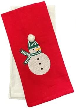 Set of 4, 100% Cotton Joy and Snowman Design Holiday Christmas Kitchen Towels Red and White, Soft and Absorbent. Size: 15” x 25”.