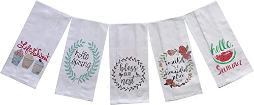 Set of 5, 100% Cotton Spring / Summer Design Funny Cute Saying Flour Sack Kitchen Towels / Dish Towels Size: 16 X 28 Inch.