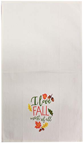 Set of 4, 100% Cotton Off White Sentiment i Love Fall Most of All and Two Tone Waffle Wave Checks Fall/Halloween Festival Flour Sack Tea Towel/Kitchen Towel Size: 16” x 28".