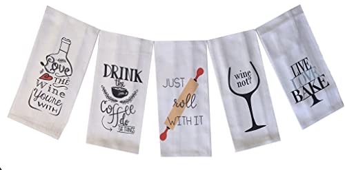 Set of 5, 100% Cotton Funny Quote Wine Design Herringbone Pattern Flour Sack Kitchen Towels / Dish Towels Size: 16 X 28 Inch.