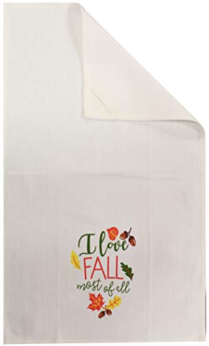 Set of 4, 100% Cotton Off White Sentiment i Love Fall Most of All and Two Tone Waffle Wave Checks Fall/Halloween Festival Flour Sack Tea Towel/Kitchen Towel Size: 16” x 28".