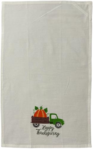 Set of 4, Pumpkin Truck with Happy Thanksgiving and Sunflower Design - Harvest Flour Sack Kitchen Towels with Gingham Check Kitchen Towels Size : 15" x 25".