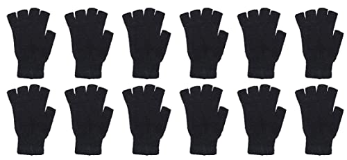 Petal Cliff 12 Pcs Black Fingerless Stretchy Knitted Gloves for Winter Cold Weather, One Size Fits Most.