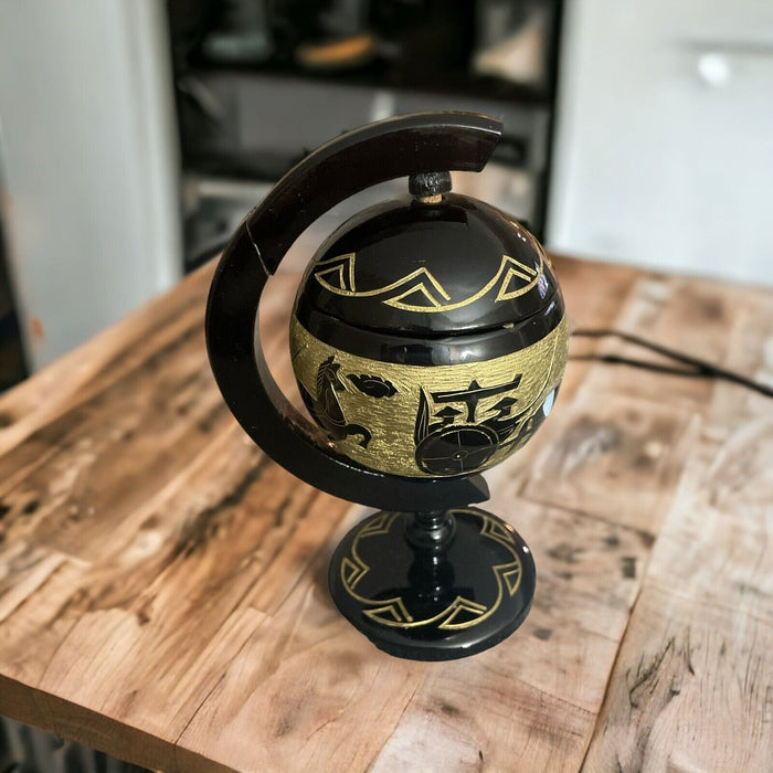 Mid Century Vintage Ancient Black Asian Style Wooden Globe Ashtray Smoke.