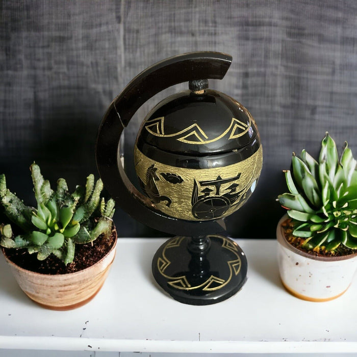 Mid Century Vintage Ancient Black Asian Style Wooden Globe Ashtray Smoke.