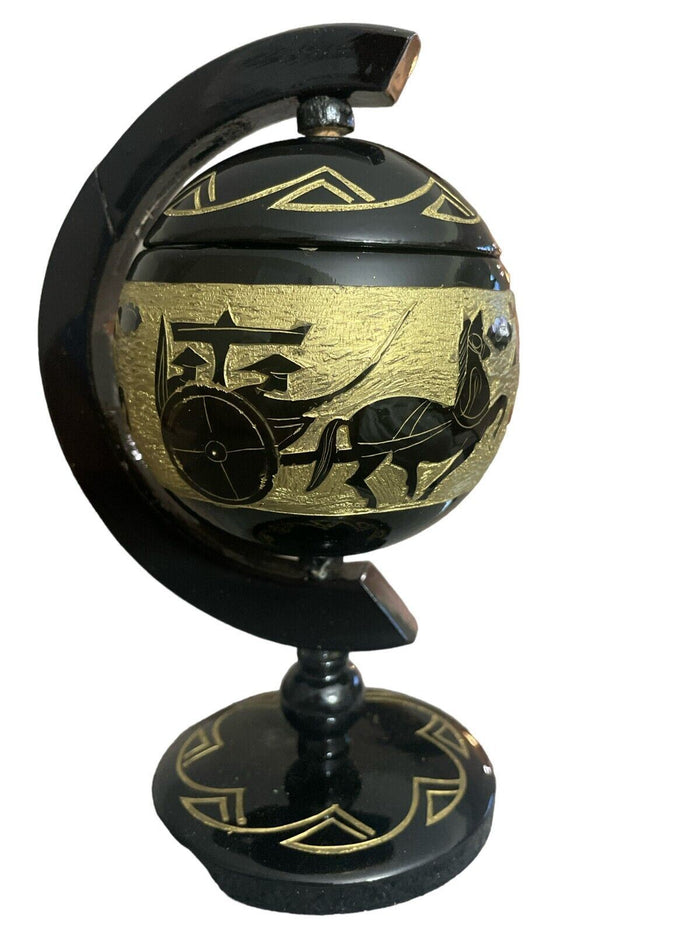 Mid Century Vintage Ancient Black Asian Style Wooden Globe Ashtray Smoke.