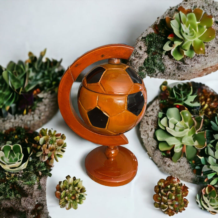 Mid Century Vintage Soccer Ball Asian Style Wooden Globe Ashtray Smoke.