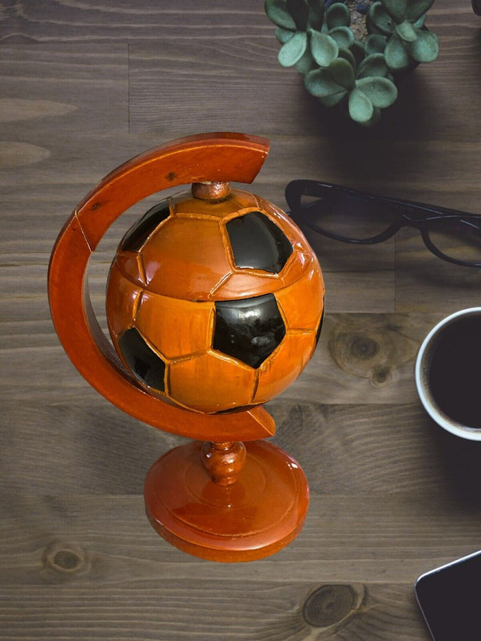 Mid Century Vintage Soccer Ball Asian Style Wooden Globe Ashtray Smoke.