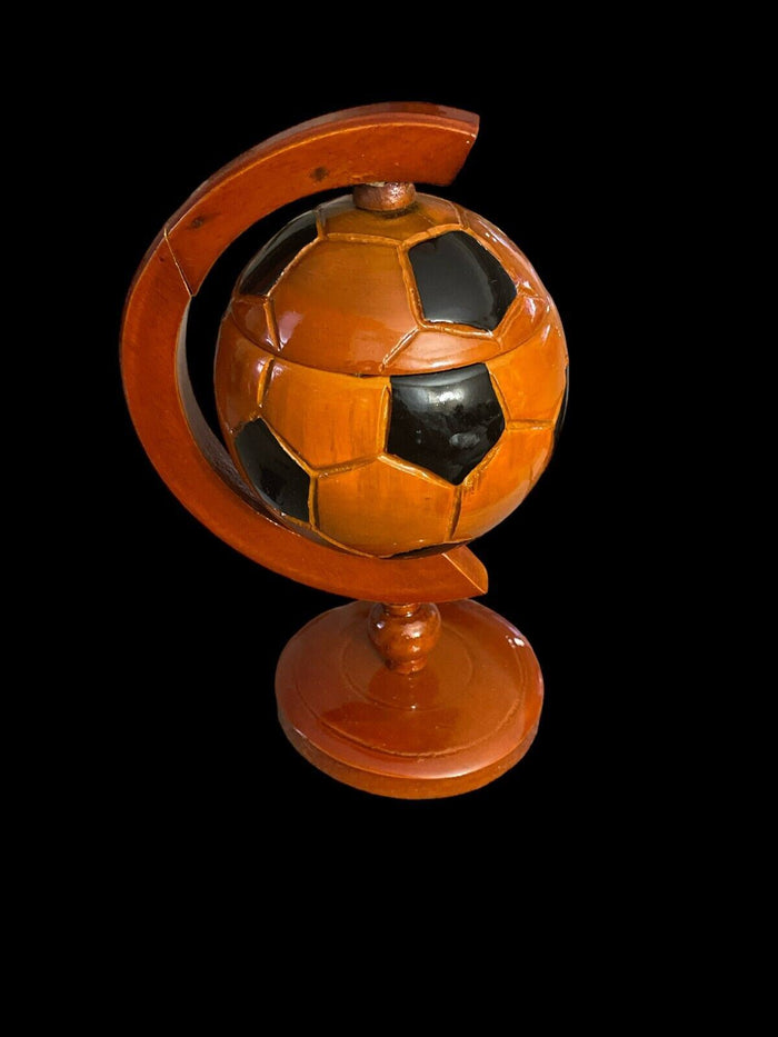 Mid Century Vintage Soccer Ball Asian Style Wooden Globe Ashtray Smoke.