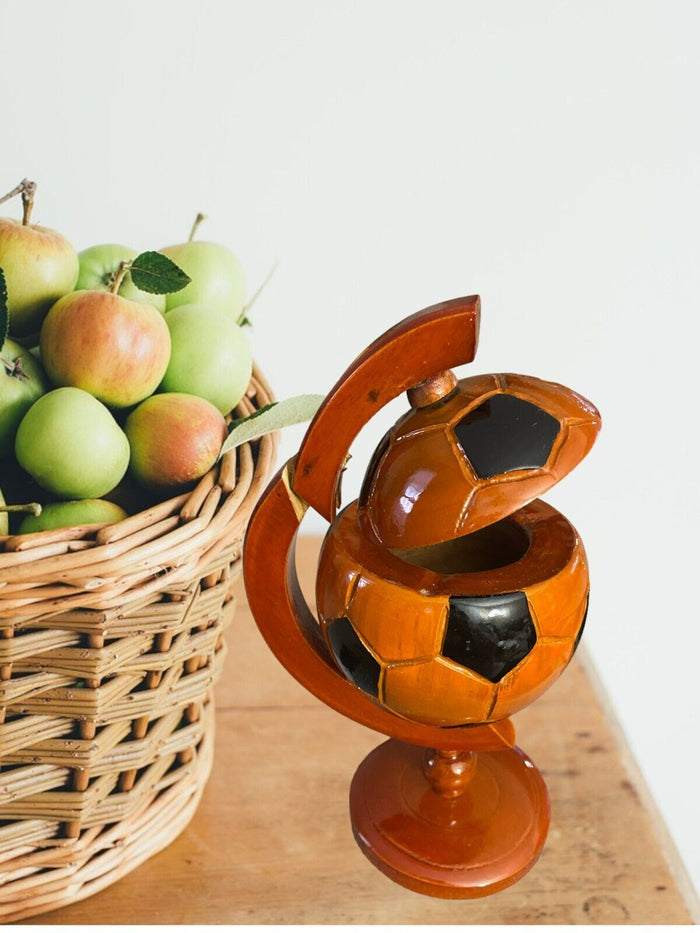 Mid Century Vintage Soccer Ball Asian Style Wooden Globe Ashtray Smoke.