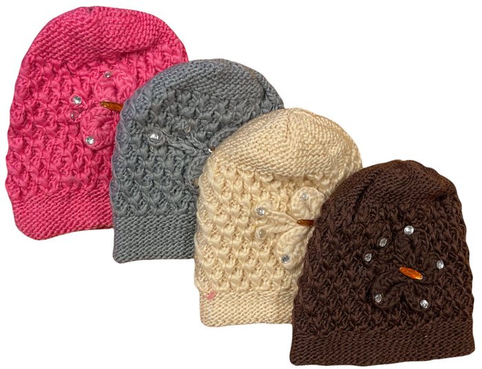 2 Pcs, Womens Wool Knitted Crochet Beanie Hat with Flower for Cold Weather Protection - One Size fits Most.