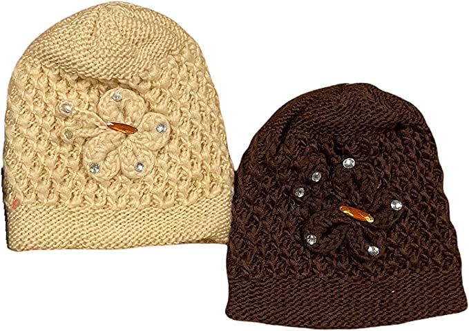 2 Pcs, Womens Wool Knitted Crochet Beanie Hat with Flower for Cold Weather Protection - One Size fits Most.