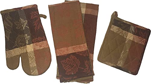 Set of 6, All Over Leaf Design Jacquard Material Fall / Halloween / Thanksgiving 100% Cotton Kitchen Towel Set, 4 Kitchen Towels, Pot Holder & Oven mitt.