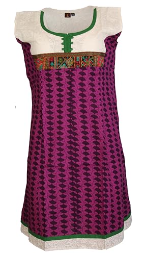 Tunic for Women White with Green Round Neck Embroidery Patchwork and Purple Bottom Sleeveless Tunic Top Kurti.