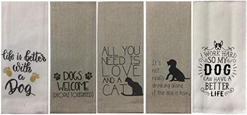 Set of 5, 100% Cotton Dog Lovers Design Funny Cute Saying Flour Sack Kitchen Towels / Dish Towels Size: 16 X 28 Inch.